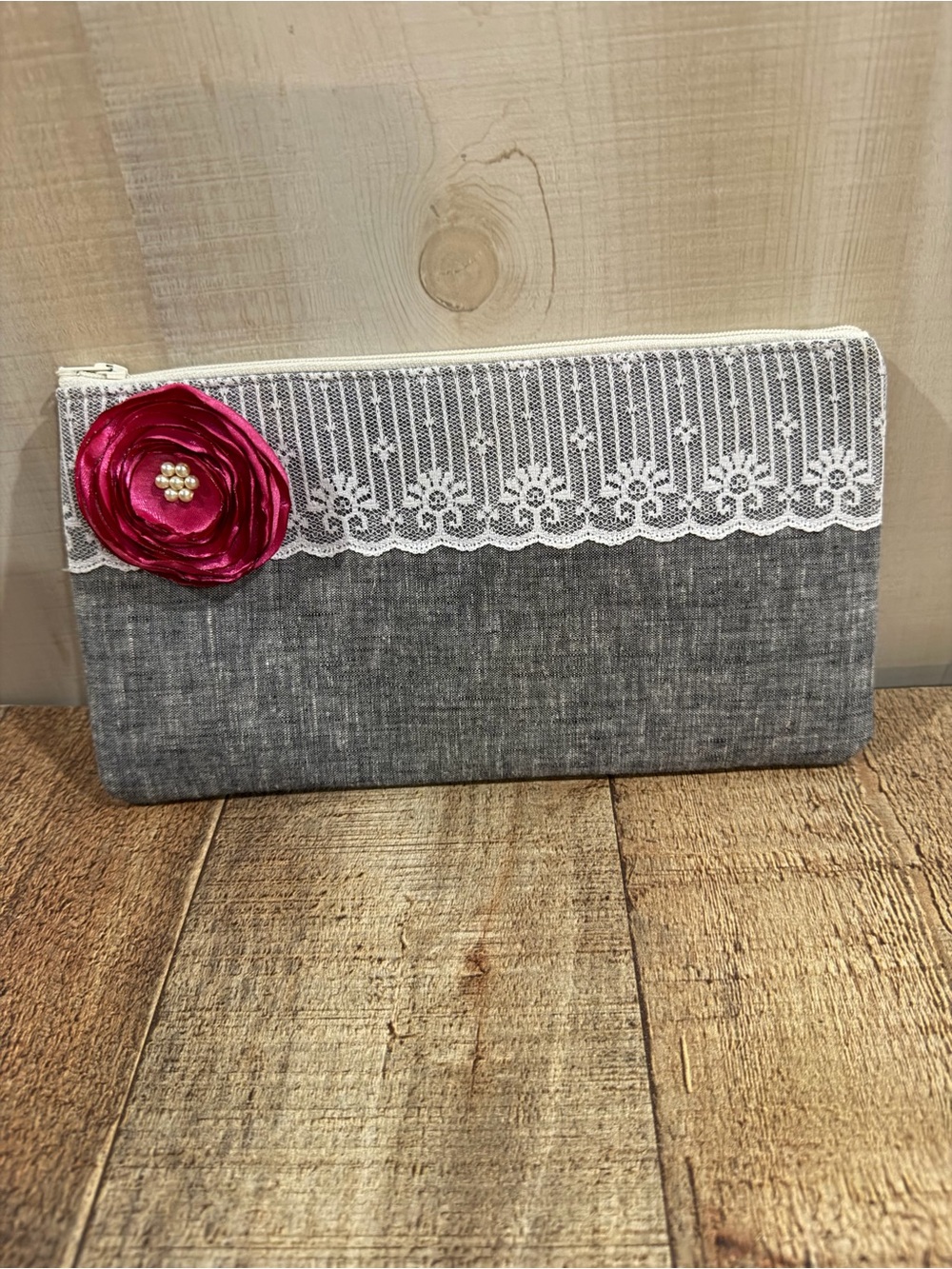 New Lace-Trim Gray Clutch with Pink Flower Accent by Penny Royalty